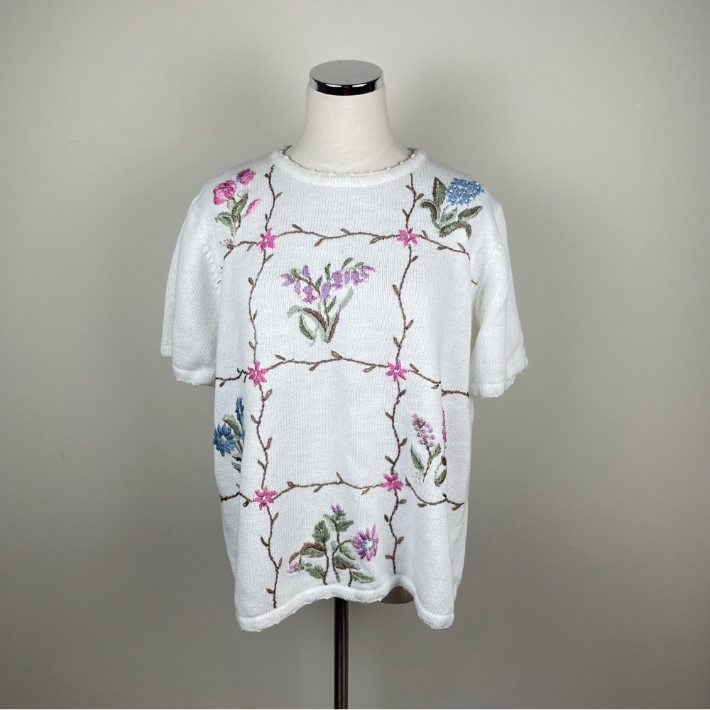 Salon Studio By Haband White Pink Green Floral Knit Sweater Cottagecore Women